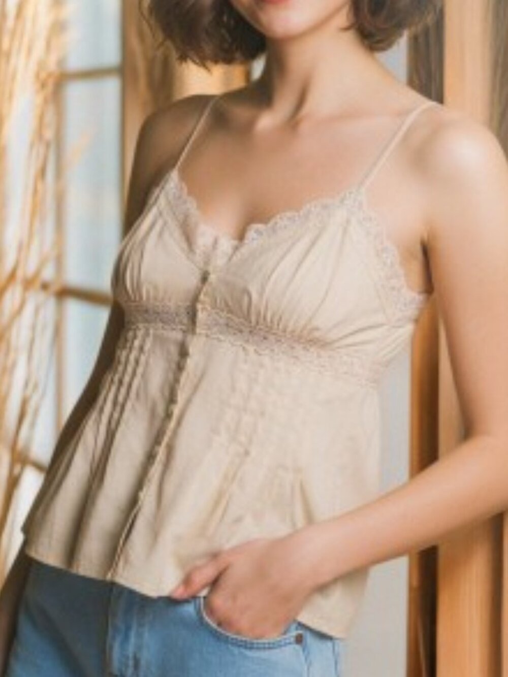272 | Lace Trim Linen Top - Khaki
